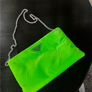 Prada Vibrant Green Clutch with Silver Chain
